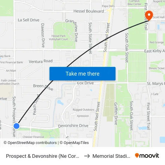 Prospect & Devonshire (Ne Corner) to Memorial Stadium map