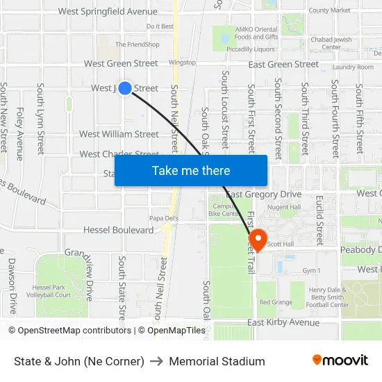 State & John (Ne Corner) to Memorial Stadium map