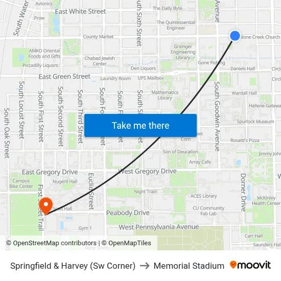 Springfield & Harvey (Sw Corner) to Memorial Stadium map
