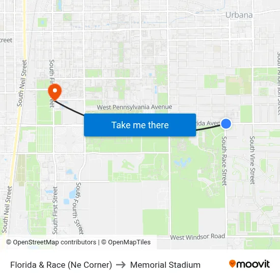 Florida & Race (Ne Corner) to Memorial Stadium map