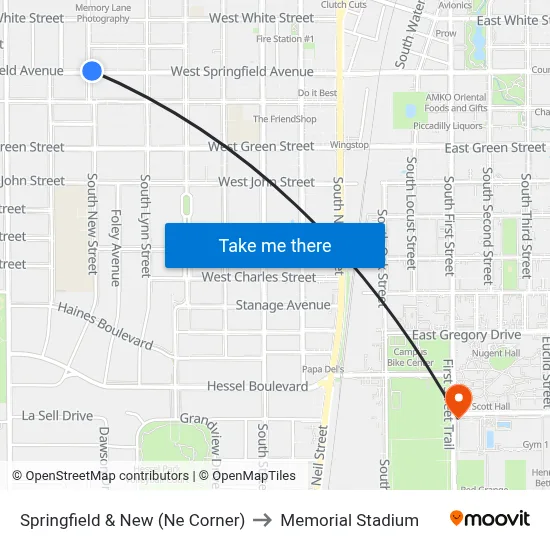 Springfield & New (Ne Corner) to Memorial Stadium map