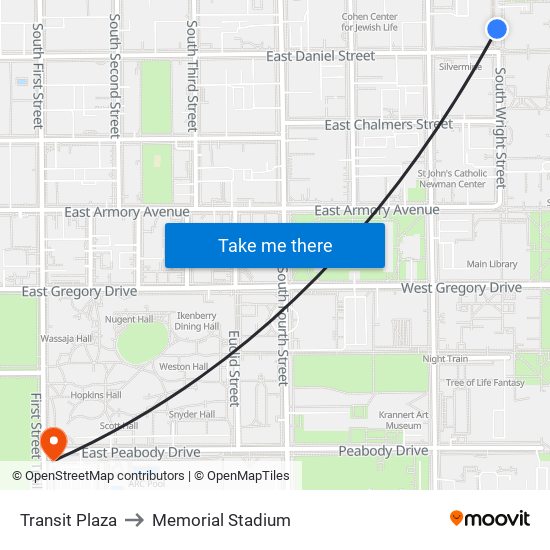 Transit Plaza to Memorial Stadium map