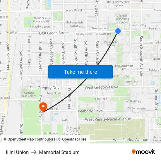Illini Union to Memorial Stadium map