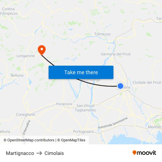 Martignacco to Cimolais map