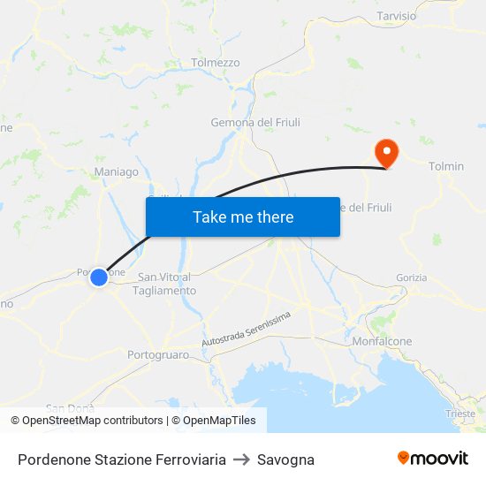 Pordenone Stazione Ferroviaria to Savogna map