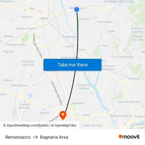 Remanzacco to Bagnaria Arsa map