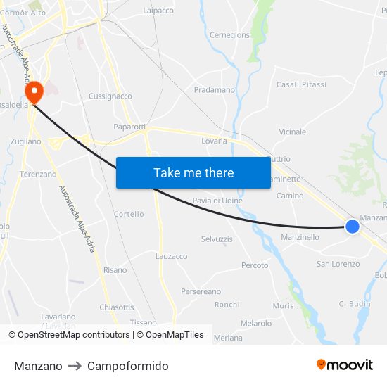 Manzano to Campoformido map