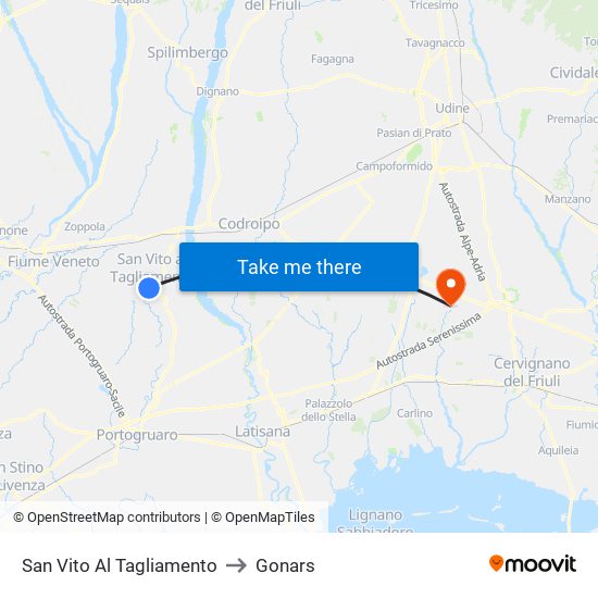 San Vito Al Tagliamento to Gonars map