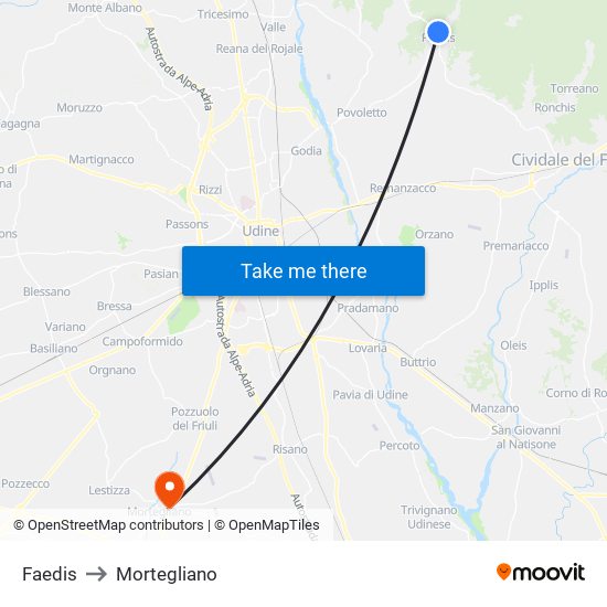 Faedis to Mortegliano map