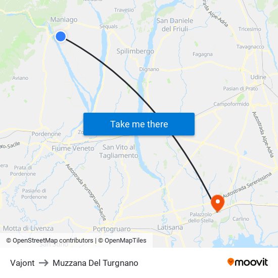 Vajont to Muzzana Del Turgnano map