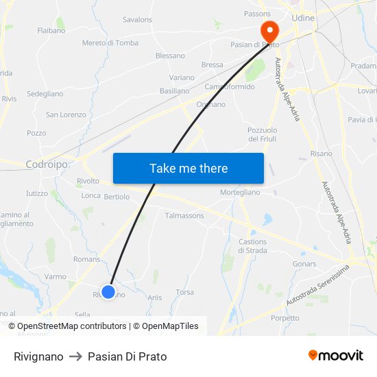 Rivignano to Pasian Di Prato map