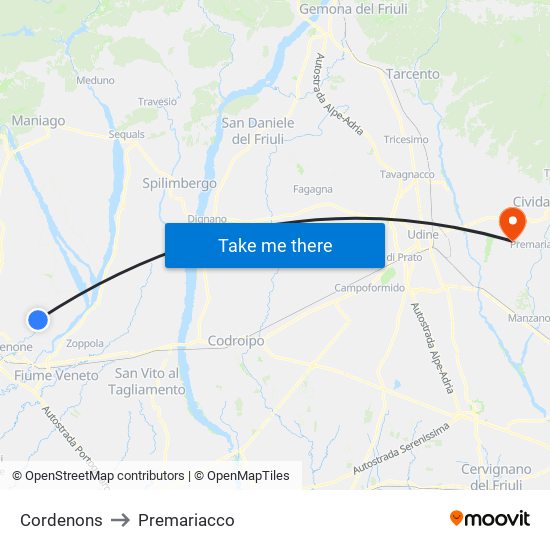 Cordenons to Premariacco map
