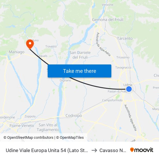 Udine Viale Europa Unita 54 (Lato Stazione Fs) to Cavasso Nuovo map