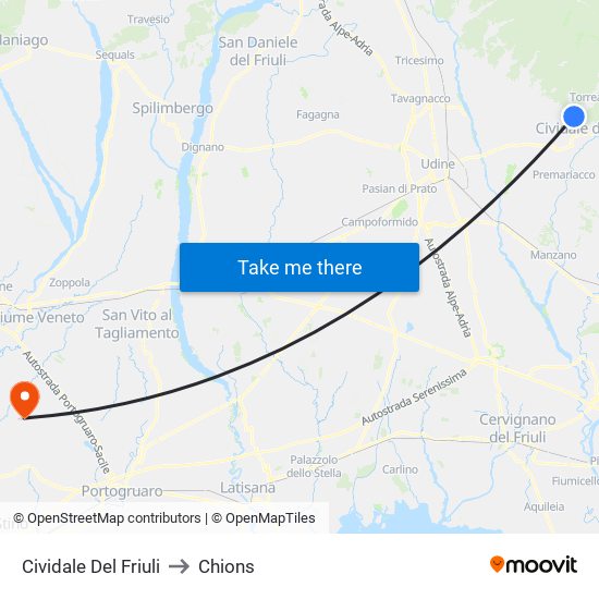 Cividale Del Friuli to Chions map