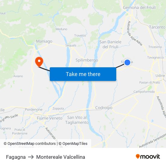 Fagagna to Montereale Valcellina map