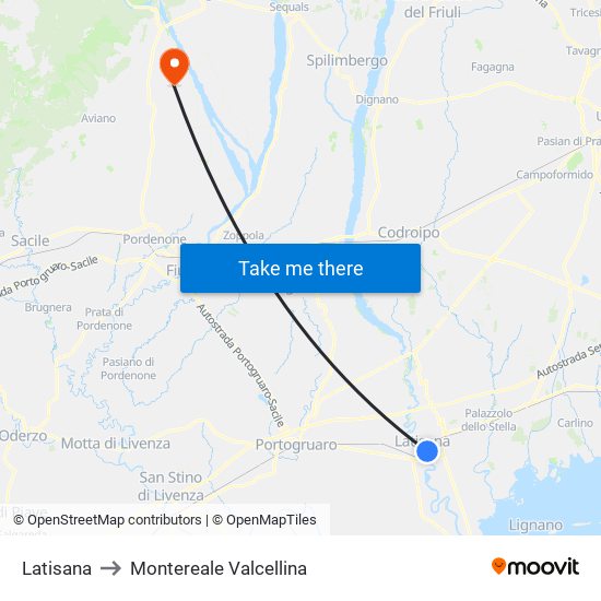 Latisana to Montereale Valcellina map
