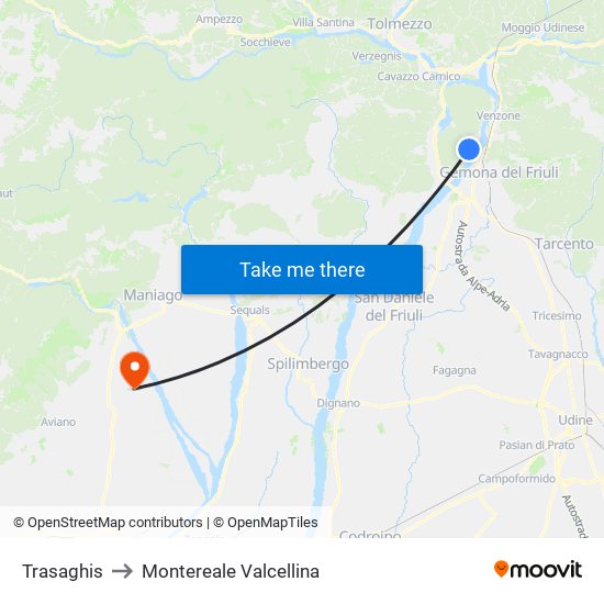 Trasaghis to Montereale Valcellina map