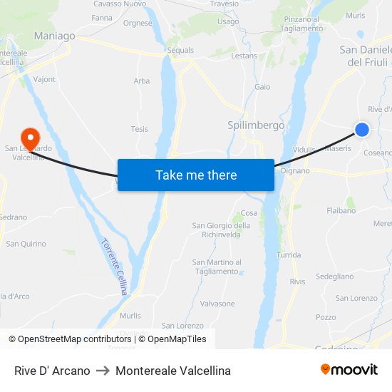 Rive D' Arcano to Montereale Valcellina map
