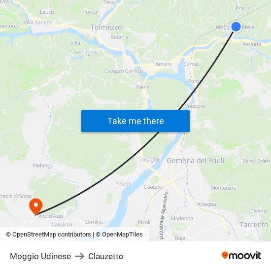 Moggio Udinese to Clauzetto map