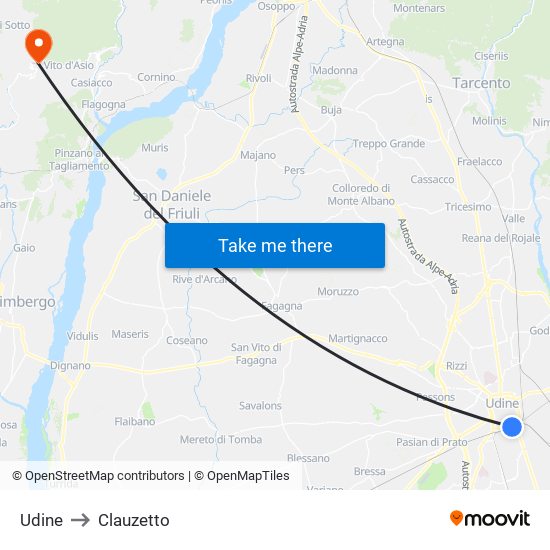 Udine to Clauzetto map