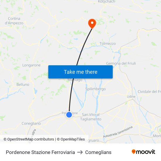 Pordenone Stazione Ferroviaria to Comeglians map