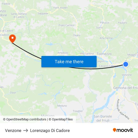 Venzone to Lorenzago Di Cadore map