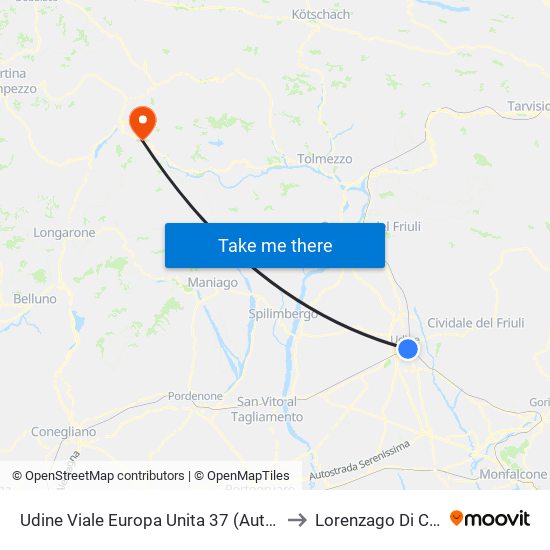 Udine Viale Europa Unita 37 (Autostazione) to Lorenzago Di Cadore map