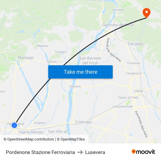 Pordenone Stazione Ferroviaria to Lusevera map