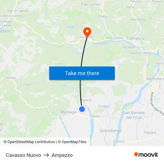 Cavasso Nuovo to Ampezzo map
