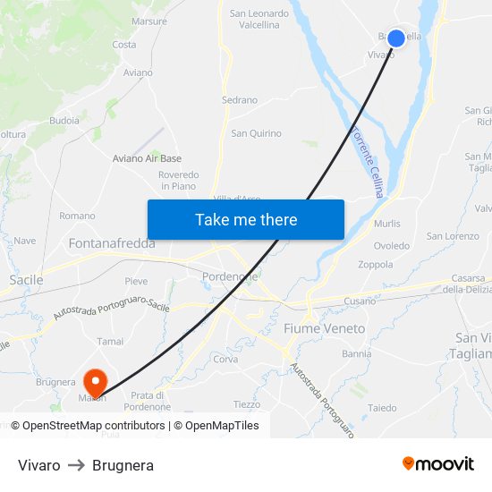 Vivaro to Brugnera map
