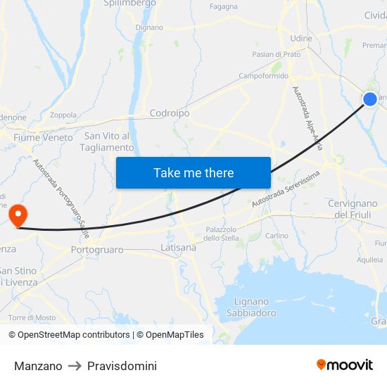 Manzano to Pravisdomini map