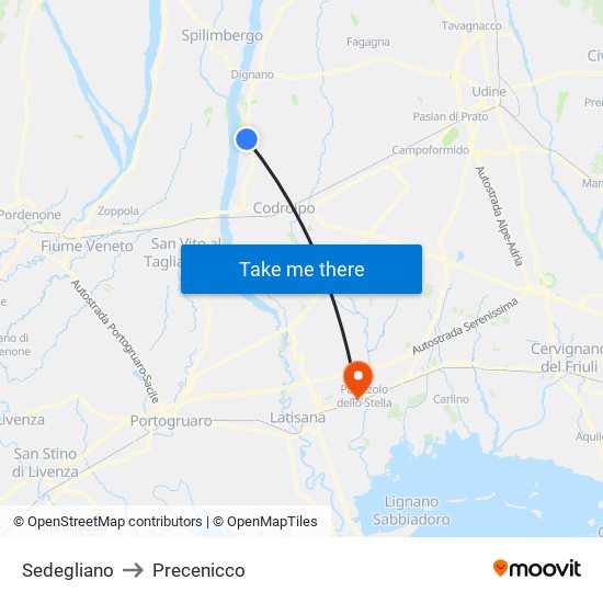 Sedegliano to Precenicco map