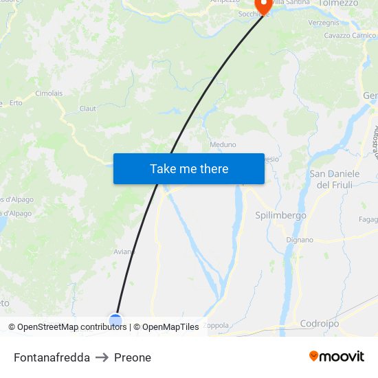 Fontanafredda to Preone map