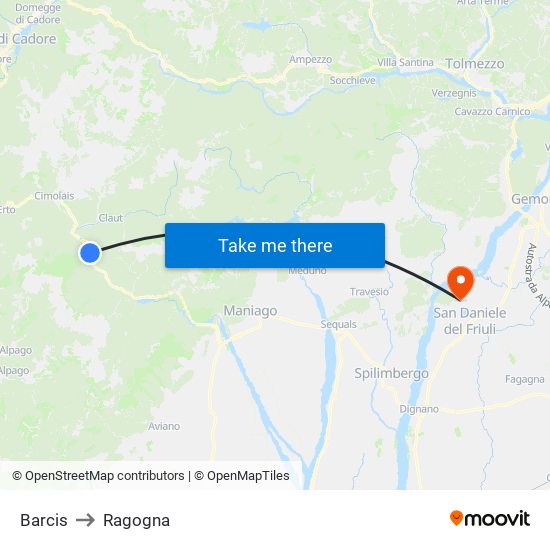 Barcis to Ragogna map