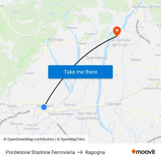 Pordenone Stazione Ferroviaria to Ragogna map