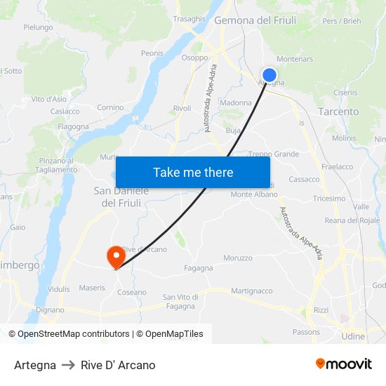 Artegna to Rive D' Arcano map