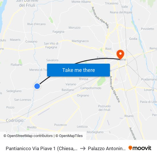 Pantianicco Via Piave 1 (Chiesa, Direzione Udine) to Palazzo Antonini-Cernazai map
