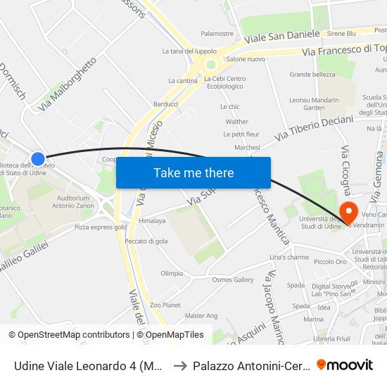 Udine Viale Leonardo 4 (Marinelli) to Palazzo Antonini-Cernazai map