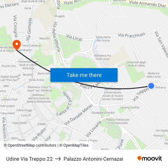 Udine Via Treppo 22 to Palazzo Antonini-Cernazai map