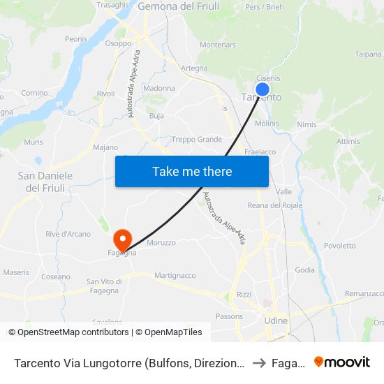 Tarcento Via Lungotorre (Bulfons, Direzione Vedronza) to Fagagna map