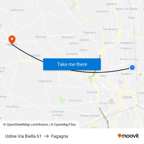 Udine Via Biella 61 to Fagagna map