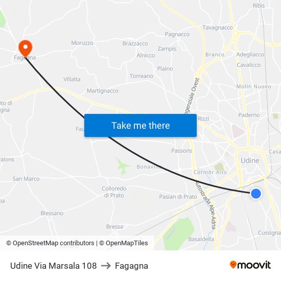 Udine Via Marsala 108 to Fagagna map