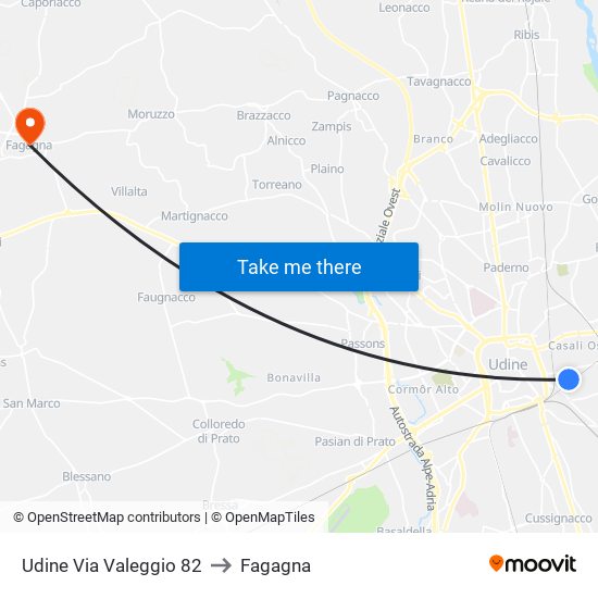 Udine Via Valeggio 82 to Fagagna map