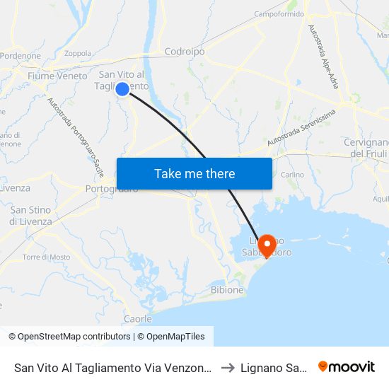 San Vito Al Tagliamento Via Venzone (Fronte Brovedani) to Lignano Sabbiadoro map