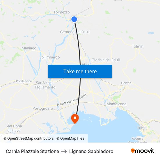 Carnia Piazzale Stazione to Lignano Sabbiadoro map