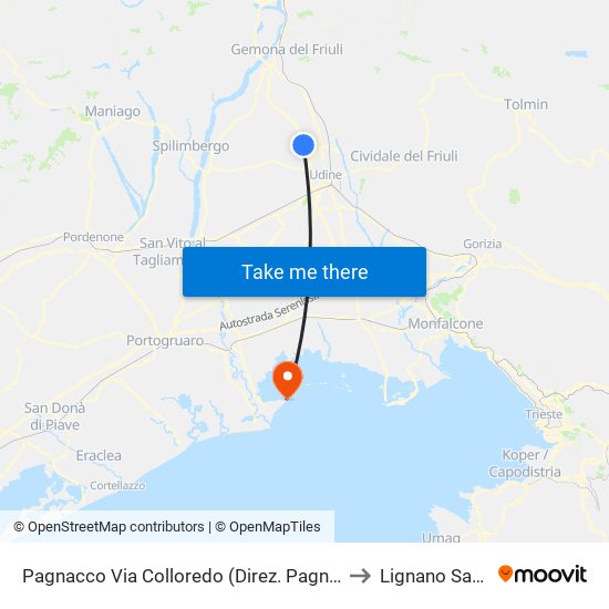 Pagnacco Via Colloredo (Direz. Pagnacco), Casali Marolins to Lignano Sabbiadoro map