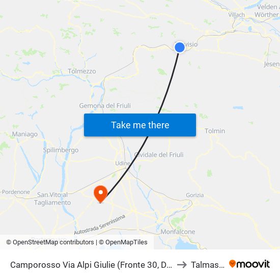 Camporosso Via Alpi Giulie (Fronte 30, Dawit Direz. Udine) to Talmassons map