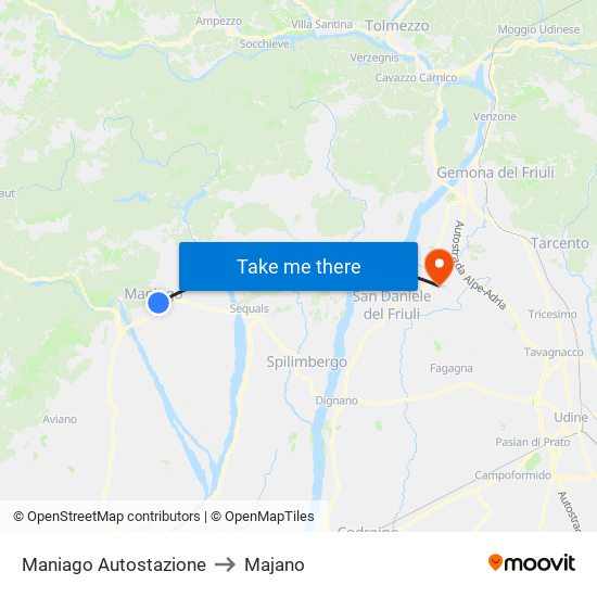 Maniago Autostazione to Majano map