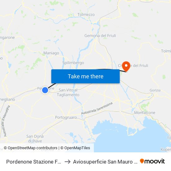 Pordenone Stazione Ferroviaria to Aviosuperficie San Mauro - Fly & Joy map
