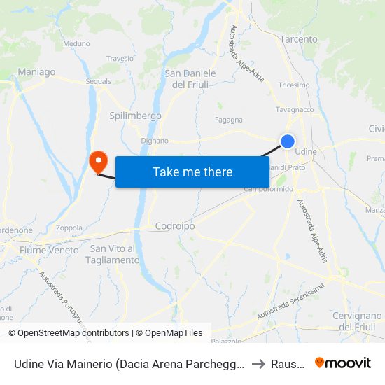 Udine Via Mainerio (Dacia Arena Parcheggio Nord, Dir.Fiera) to Rauscedo map